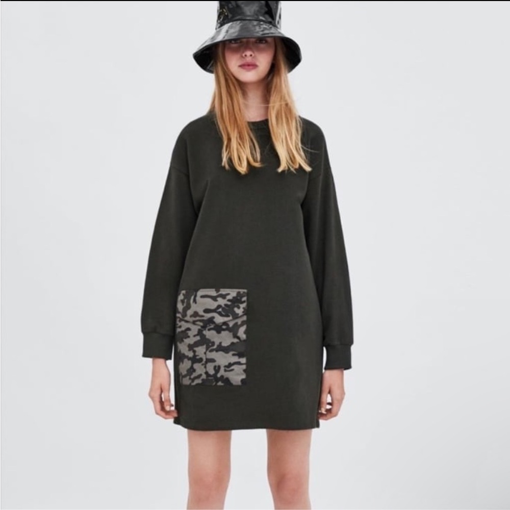 Zara Trafaluc Army Green Camo Pocket Sweatshirt Dress